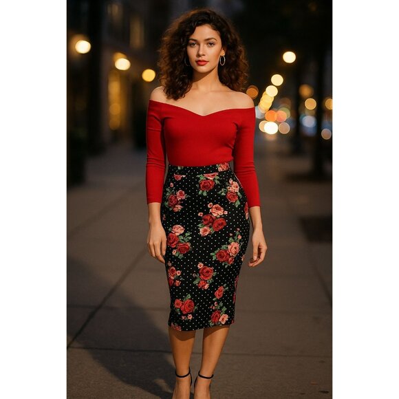 ABN Floral Pencil Skirt M Black White Dot High Waist Stretchy Retro Made USA - Picture 2 of 11